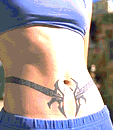 Stylized guitars around her waist.