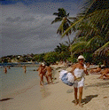 A clothing seller on a clothing optional beach.